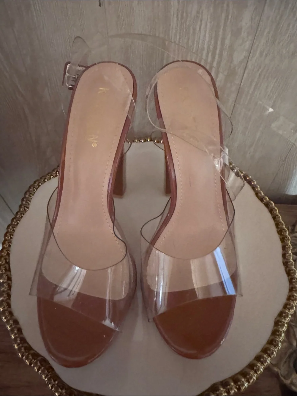 KAYLEEN By Los Angeles Brown Clear-Strap Block Heel Sandals